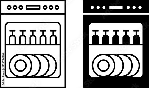 Dishwasher Icons. Black and White Vector Illustration. Electromechanical Installation for Automatic Dish Washing. Household Appliances Concept