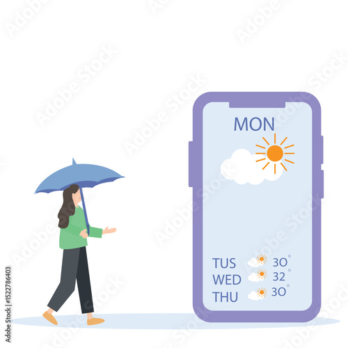 Weather forecast  people with big smartphone app screen. Woman holding umbrella and looking at weather forecast on smartphone screen. vector illustration