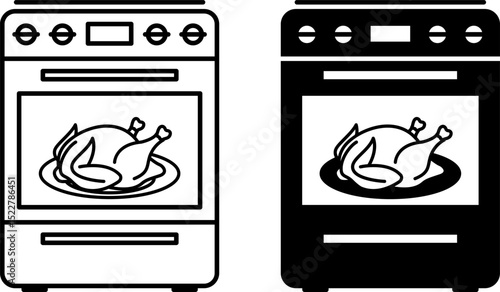 Oven Icons. Black and White Vector Illustration. Kitchen Stove with Oven and Fried Chicken on Plate. Home Appliances Concept