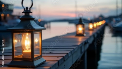Lanterns glowing on wooden dock by water at sunset  