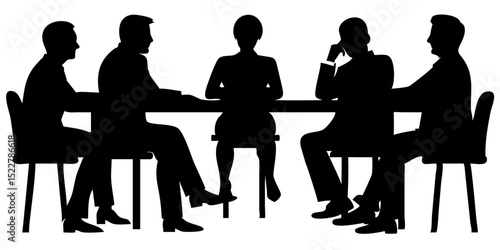 Job interview and business meeting silhouettes vector – coworkers sitting at table in conference or discussion scene illustration	