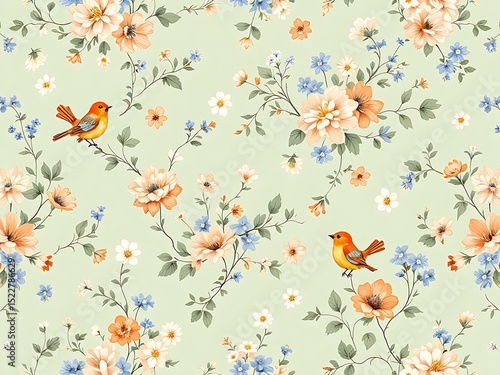 Classic floral wallpaper with vintage bird and flower patterns. Ideal for background use in interior design, packaging, invitations, textiles, and retro-themed visuals