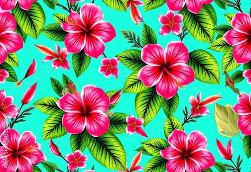 Seamless turquoise tropical floral pattern with vibrant hibiscus and exotic leaves, summery, seamless