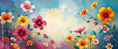 Whimsical blooms in vibrant hues, brushstrokes forming a dreamy landscape, colorful, artwork