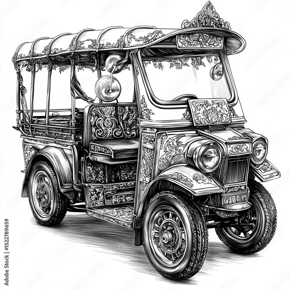 Fototapeta premium Detailed Line Art Drawing of a Vintage Three Wheeled Vehicle