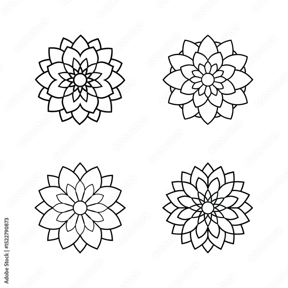Obraz premium A detailed black and white line drawing of a symmetrical dahlia flower, with layered petals radiating outward in a circular pattern. The design is clean, crisp, and suitable for coloring books. No bac