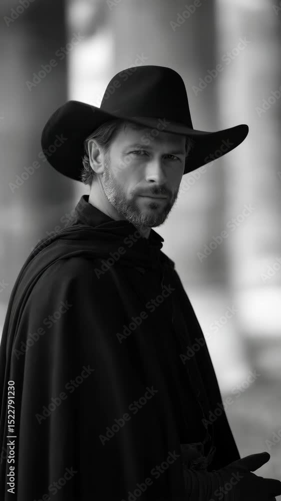 Mysterious man in a black hat and cloak, captured in a striking black and white portrait looking at the viewer with intense gaze. Mysterious man in a black hat and cloak, captured in a striking black and white portrait looking at the viewer with intense gaze.