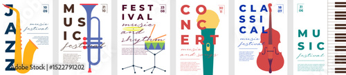 Abstract jazz and classical music concert posters with instruments like violin, trumpet, and piano. Flat vector set. Perfect for festivals, party flyers, conservatory events or club performances.
