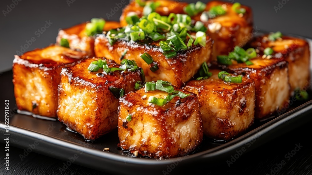 A plate of beautifully arranged glazed tofu cubes garnished with chopped green onions, highlighting a delicious and nourishing plant-based dish suitable for all diets. A plate of beautifully arranged glazed tofu cubes garnished with chopped green onions, highlighting a delicious and nourishing plant-based dish suitable for all diets.