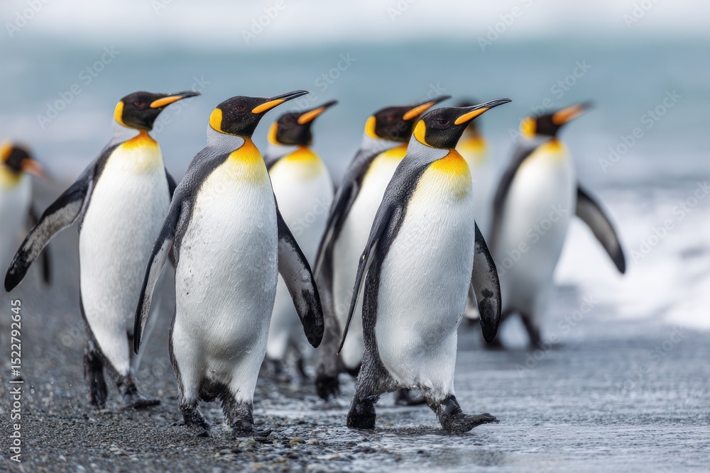 Fototapeta premium Group of King Penguins Walking Along the Shoreline at Sunrise