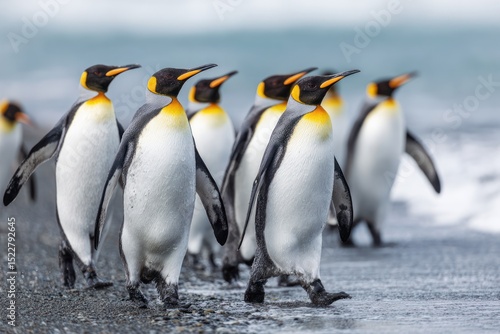 Group of King Penguins Walking Along the Shoreline at Sunrise