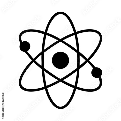 Atom symbol with circular paths and electrons in black outline  