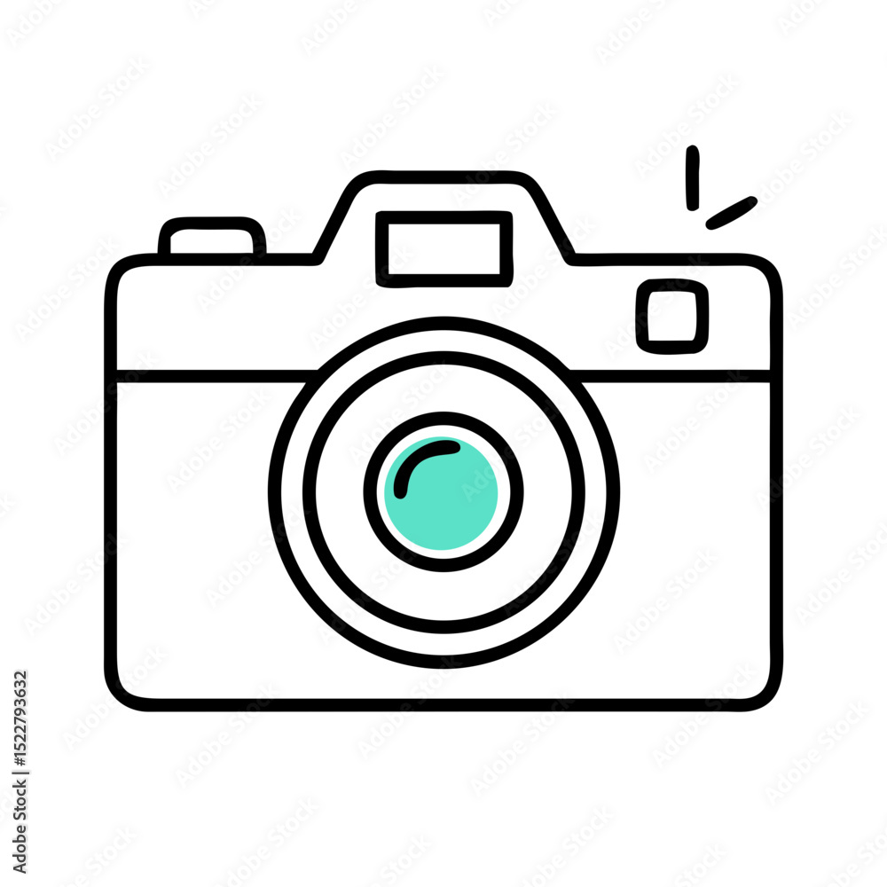 Outline drawing of a camera with a teal lens and flash Outline drawing of a camera with a teal lens and flash