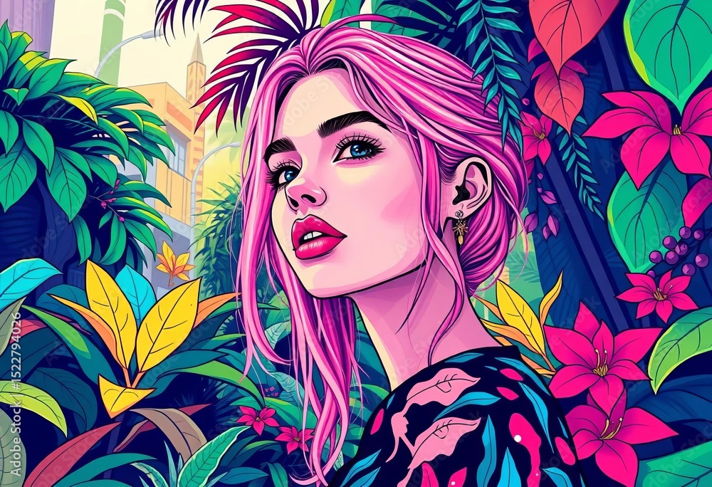 Pink-haired subject in vibrant urban jungle print, vector art, tropical, nature Pink-haired subject in vibrant urban jungle print, vector art, tropical, nature