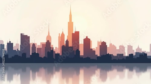 Urban skyline silhouette at sunset with reflection on water  