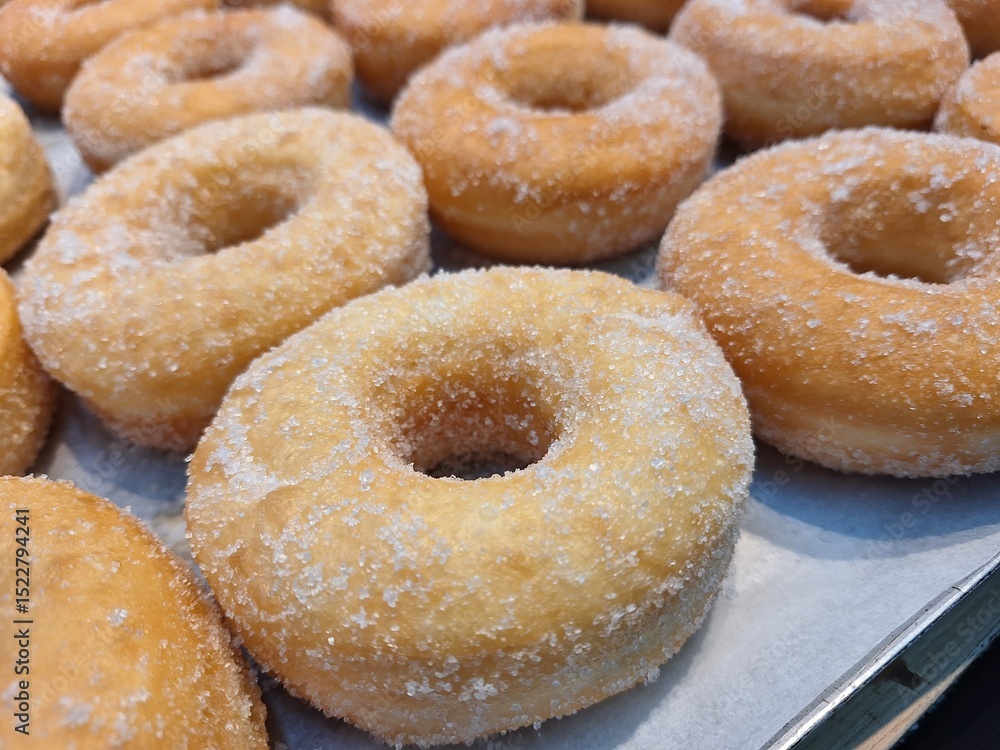 Sweet Sugar-Coated Donuts on Baking Sheet Sweet Sugar-Coated Donuts on Baking Sheet