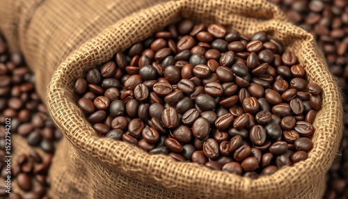 Rustic burlap sack overflowing with dark roasted coffee beans,  beans,  dark roast