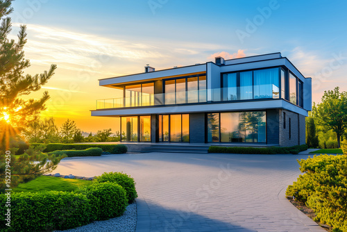 Modern Luxury House with Terrace and Large Windows at Sunset