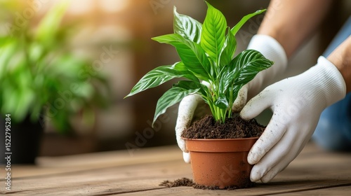 A nurturing moment showing hands planting a green plant in a terracotta pot, symbolizing growth, care for nature, and the cozy feeling of bringing greenery indoors.