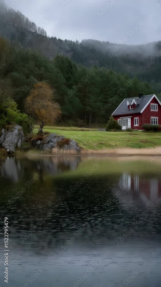 Scenic view of a red wooden house reflecting on calm lake water surrounded by forest trees under an overcast sky in nature Scenic view of a red wooden house reflecting on calm lake water surrounded by forest trees under an overcast sky in nature