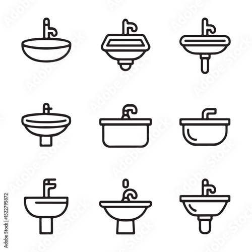 Sink Icon Set for Plumbing. Various Bathroom Sink Designs in Outline Style
