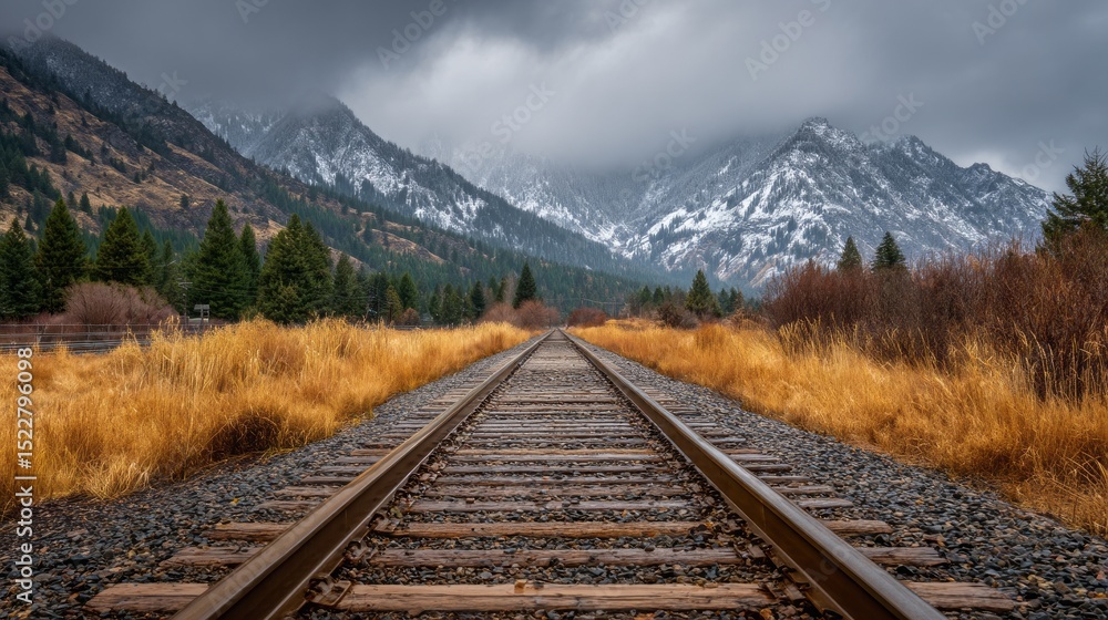Fototapeta premium A train track with a mountain in the background