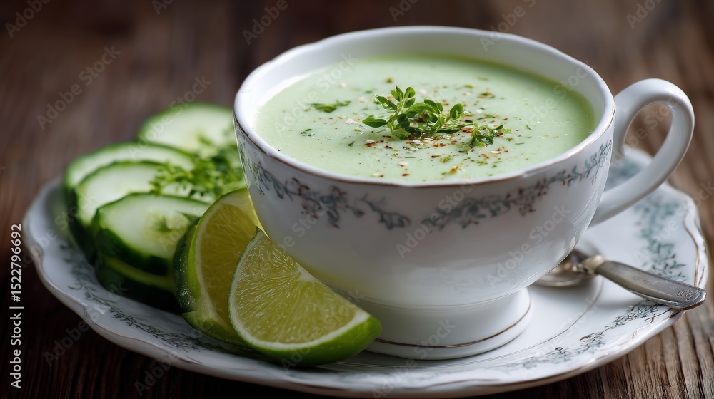 creamy avocado cucumber soup in wide daytime side view with fresh ingredients creamy avocado cucumber soup in wide daytime side view with fresh ingredients