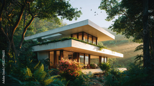 Wallpaper Mural Modern tropical residence surrounded by lush greenery, featuring minimalist design with clean lines, large glass windows, and flat roof. Sunlight filters through trees, creating serene atmosphere Torontodigital.ca