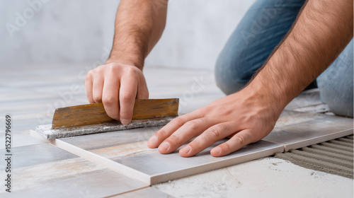 Builder hands carefully installing ceramic tiles on floor, using trowel to spread adhesive for precise placement. scene highlights craftsmanship and attention to detail