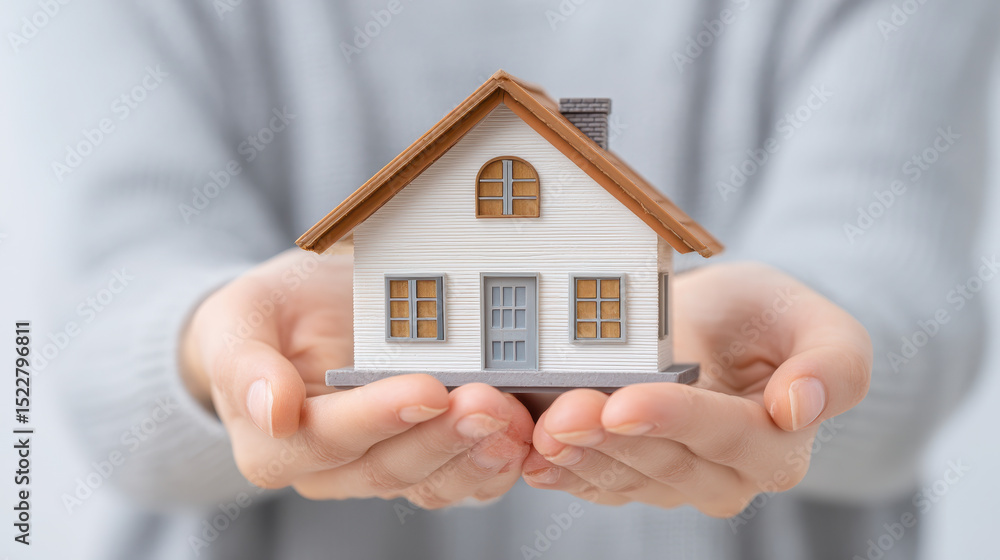 Closeup of hands holding tiny house model, symbolizing homeownership, real estate, or housing security. miniature house features white exterior, brown roof, and detailed windows Closeup of hands holding tiny house model, symbolizing homeownership, real estate, or housing security. miniature house features white exterior, brown roof, and detailed windows