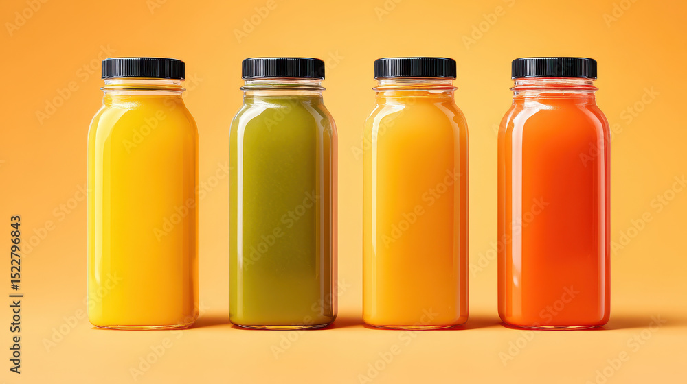 Lineup of four colorful cold pressed juice bottles with black caps, featuring vibrant yellow, green, orange, and red hues, placed against gradient orange background Lineup of four colorful cold pressed juice bottles with black caps, featuring vibrant yellow, green, orange, and red hues, placed against gradient orange background