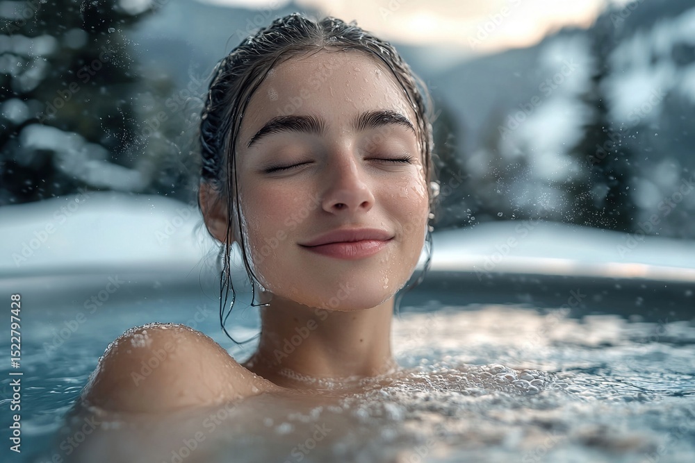 Fototapeta premium Beautiful girl in a warm jacuzzi in outdoor spa center in the Alpine mountains of Austria. Generative Ai
