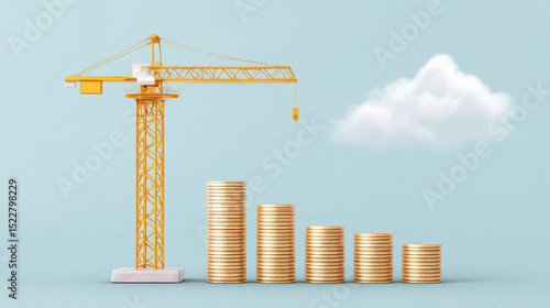 Yellow construction crane is positioned next to stacks of golden coins arranged in ascending order, symbolizing growth and investment, with light blue background and small white cloud