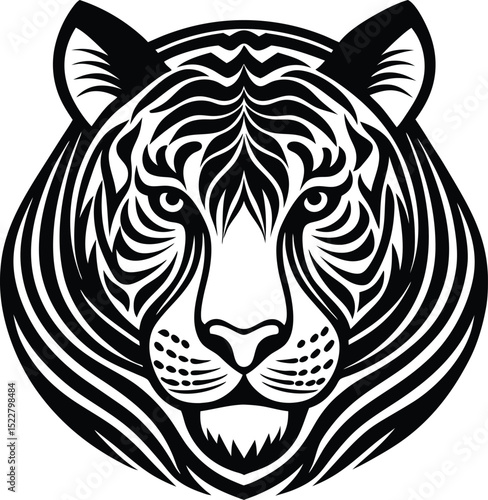 Black and White Tiger Head Illustration, Fierce Tiger Face Vector, Detailed Tiger Design, Wild Animal Artwork