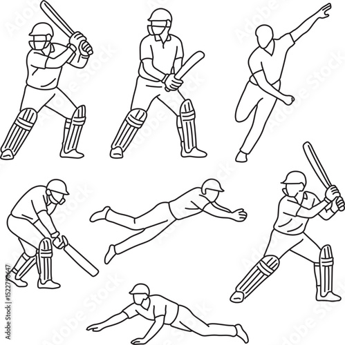 Line Art Silhouettes of Cricket Players in Action and Vector Illustration