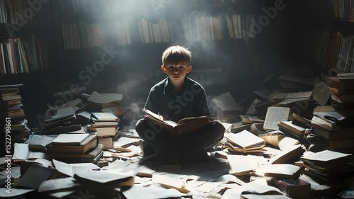 A young boy sitting in a pile of books