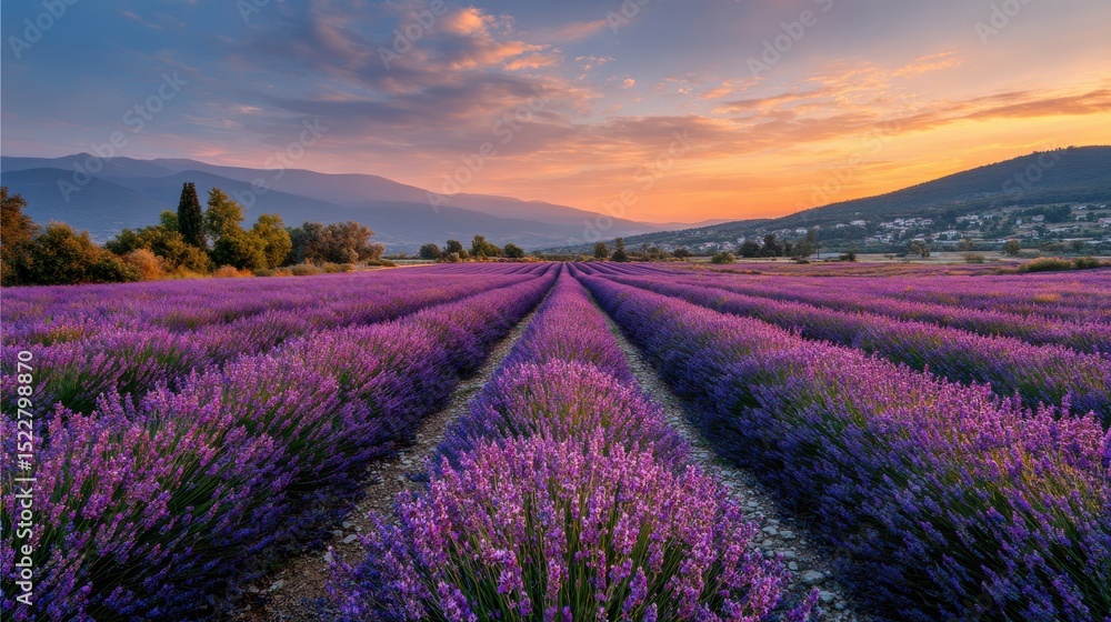 Obraz premium Lavender fields stretch toward mountains at sunset