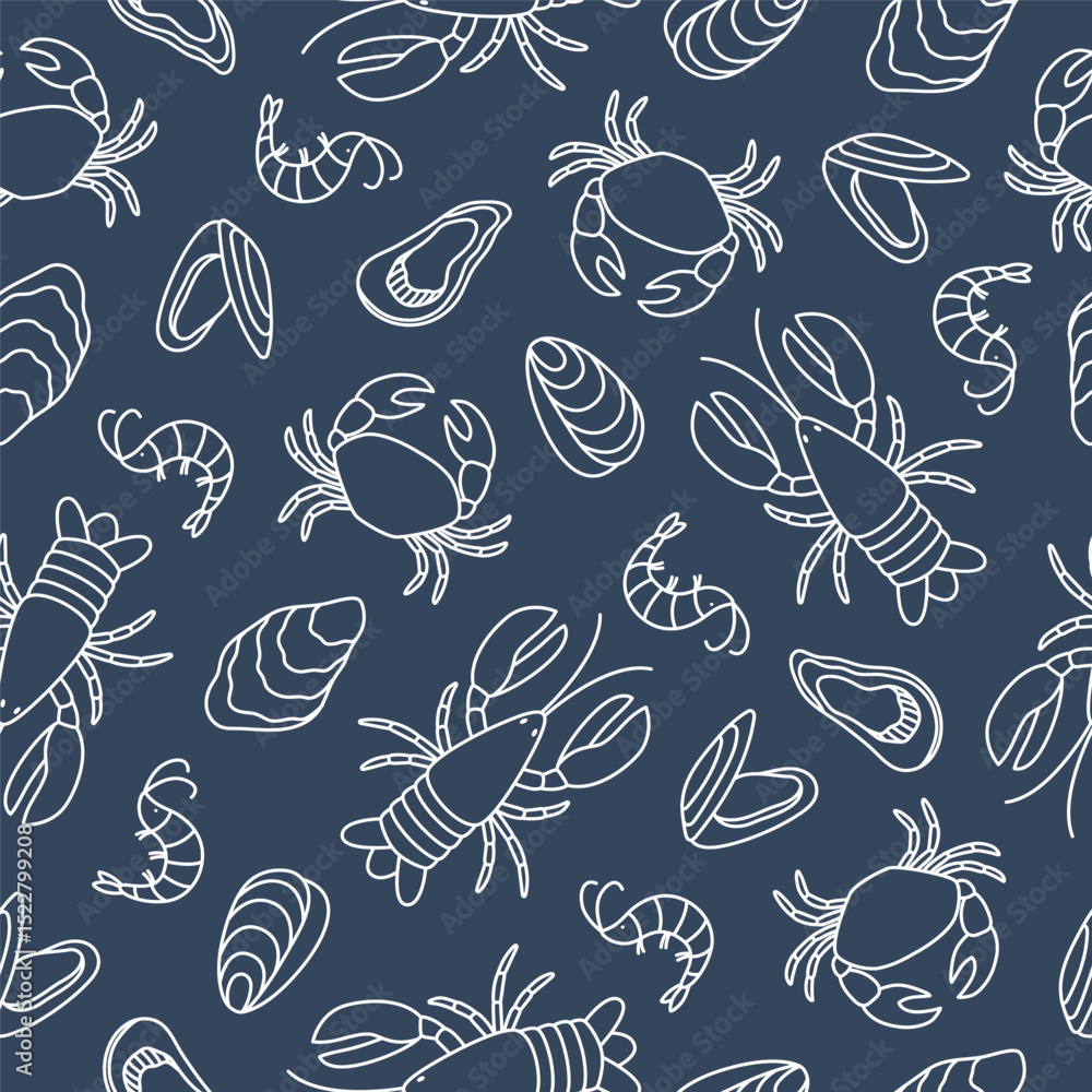 Seafood seamless pattern. Hand drawn outline lobster, crab, oysters and shrimps. Doodle drawing for banner, flyer, menu design, fabric. Seafood seamless pattern. Hand drawn outline lobster, crab, oysters and shrimps. Doodle drawing for banner, flyer, menu design, fabric.