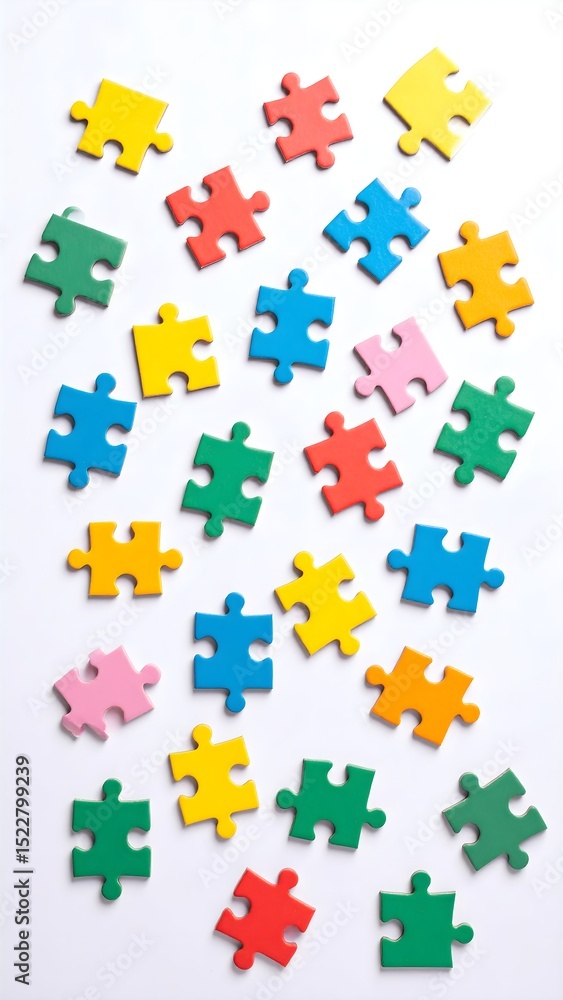Colorful jigsaw puzzle pieces scattered on white background Colorful jigsaw puzzle pieces scattered on white background