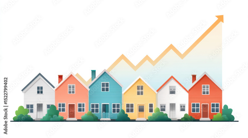Row of colorful houses with rising graph line in background symbolizes growth in real estate market. vibrant colors and upward arrow evoke positivity and economic progress Row of colorful houses with rising graph line in background symbolizes growth in real estate market. vibrant colors and upward arrow evoke positivity and economic progress