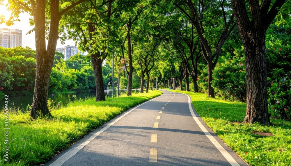 Winding path through park. Green trees frame route. Sunlight glints on grass. City skyline in the distance Winding path through park. Green trees frame route. Sunlight glints on grass. City skyline in the distance