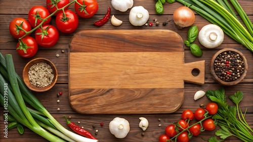 Top View of Wooden Cutting Board Surrounded by Fresh Vegetables and Spices on Rustic Kitchen Table