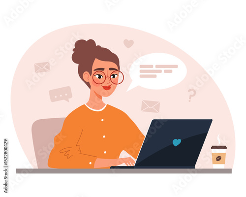 Young woman working on a laptop. Concept of remote work, freelancing, online education, or home office. Flat vector illustration