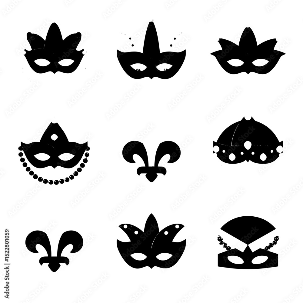 Minimalist Mardi Gras Icons Set with Masks, Beads, Fleur-de-Lis, and Jester Hats Minimalist Mardi Gras Icons Set with Masks, Beads, Fleur-de-Lis, and Jester Hats