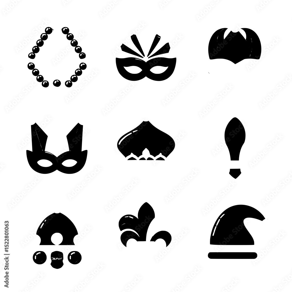 Minimalist Mardi Gras Icons Set with Masks, Beads, Fleur-de-Lis, and Jester Hats Minimalist Mardi Gras Icons Set with Masks, Beads, Fleur-de-Lis, and Jester Hats