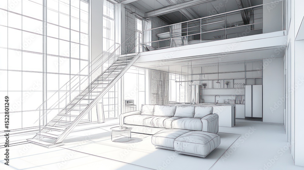 Obraz premium Architectural sketch of a loft-style apartment.