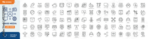 Mass Media line editable icon set. Containing Mass media, journalism, news, TV show, program, report, video, interview, and more. Editable stroke. Vector illustration