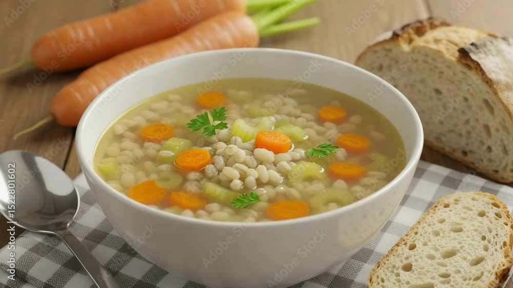 Vegetable soup with carrots and bread on checkered cloth background Vegetable soup with carrots and bread on checkered cloth background