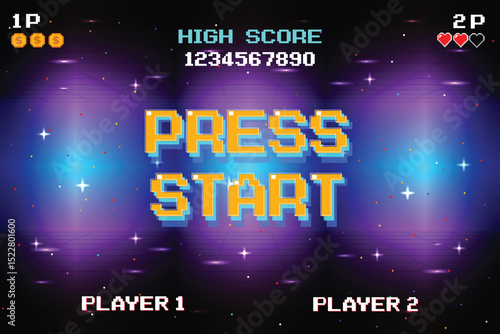 PRESS START INSERT A COIN TO CONTINUE. pixel art. 8 bit game. retro game. for game assets .Retro Futurism Sci-Fi Background. glowing neon grid and stars from vintage arcade computer games