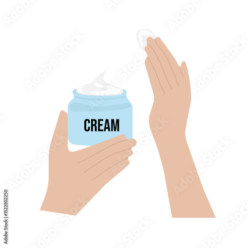 Beauty industry Face and skin care vector cream application from jar, on white background for beauty salons, spa centers, magazines, bloggers, brands, online stores and apps